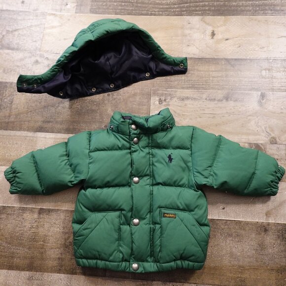 Polo Ralph Lauren Down Puffer Jacket Baby 12M Green Hooded Winter Coat - Picture 8 of 8